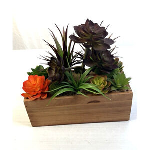Decorative Faux Succulent Arrangement Home Decor Wooden Planter Box Rustic